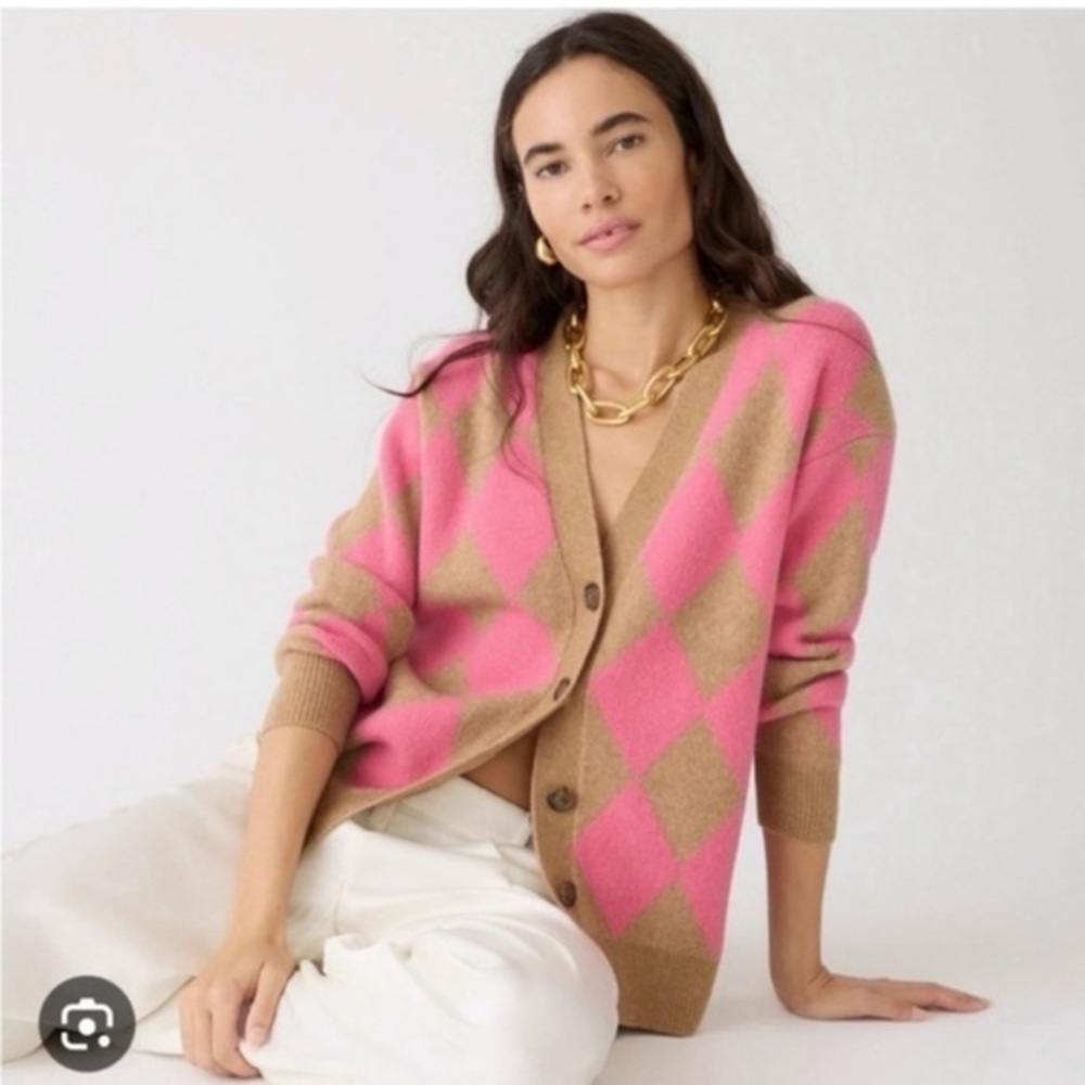 J. Crew Vibrant Pink and Brown Argyle Sweater